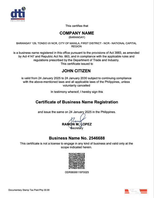 Philippines Barangay certificate of business name registration Word and PDF template